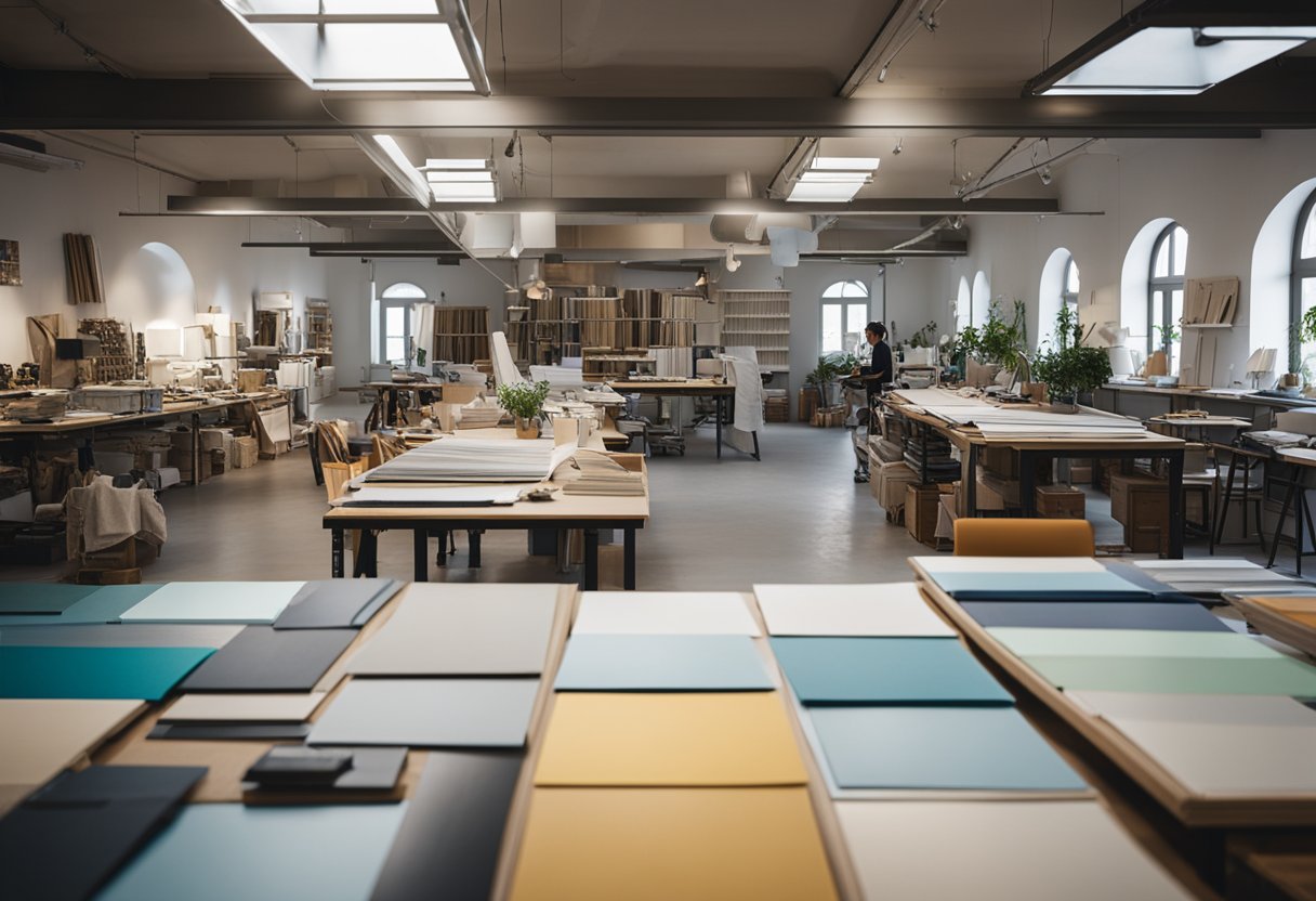 A bustling design studio in Italy, filled with drafting tables, mood boards, and vibrant fabric samples, showcasing the diverse professional opportunities for interior design graduates