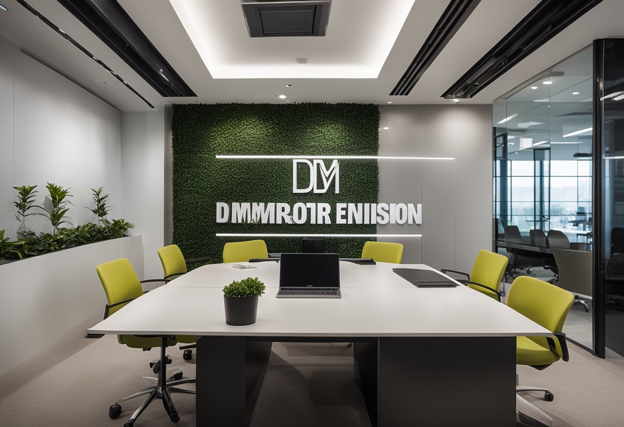 A modern office space with sleek furniture and minimalist decor, featuring the logo "dm interior design pte ltd" prominently displayed on the wall