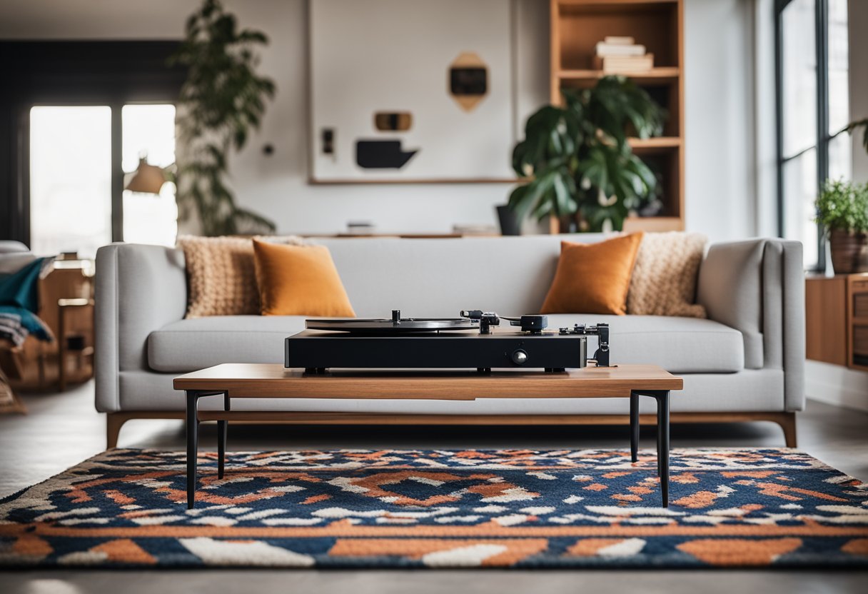 A cozy living room with sleek furniture, clean lines, and pops of color. A record player sits on a vintage sideboard, while geometric patterns adorn the rug and throw pillows