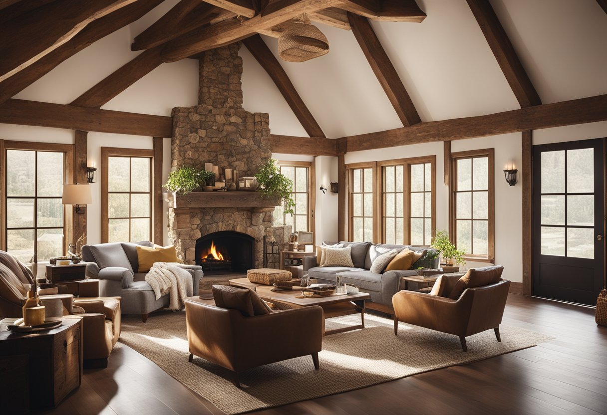 A cozy living room with exposed wooden beams, a stone fireplace, and vintage furniture. Sunlight streams in through large windows, casting a warm glow over the rustic space
