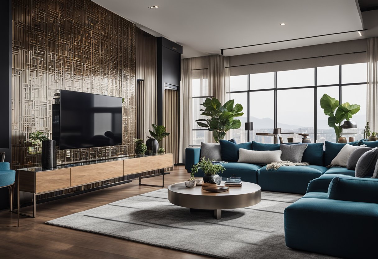 A modern living room with sleek lines, geometric patterns, and a mix of glass, metal, and wood materials. Bold colors and textures create a dynamic and sophisticated atmosphere