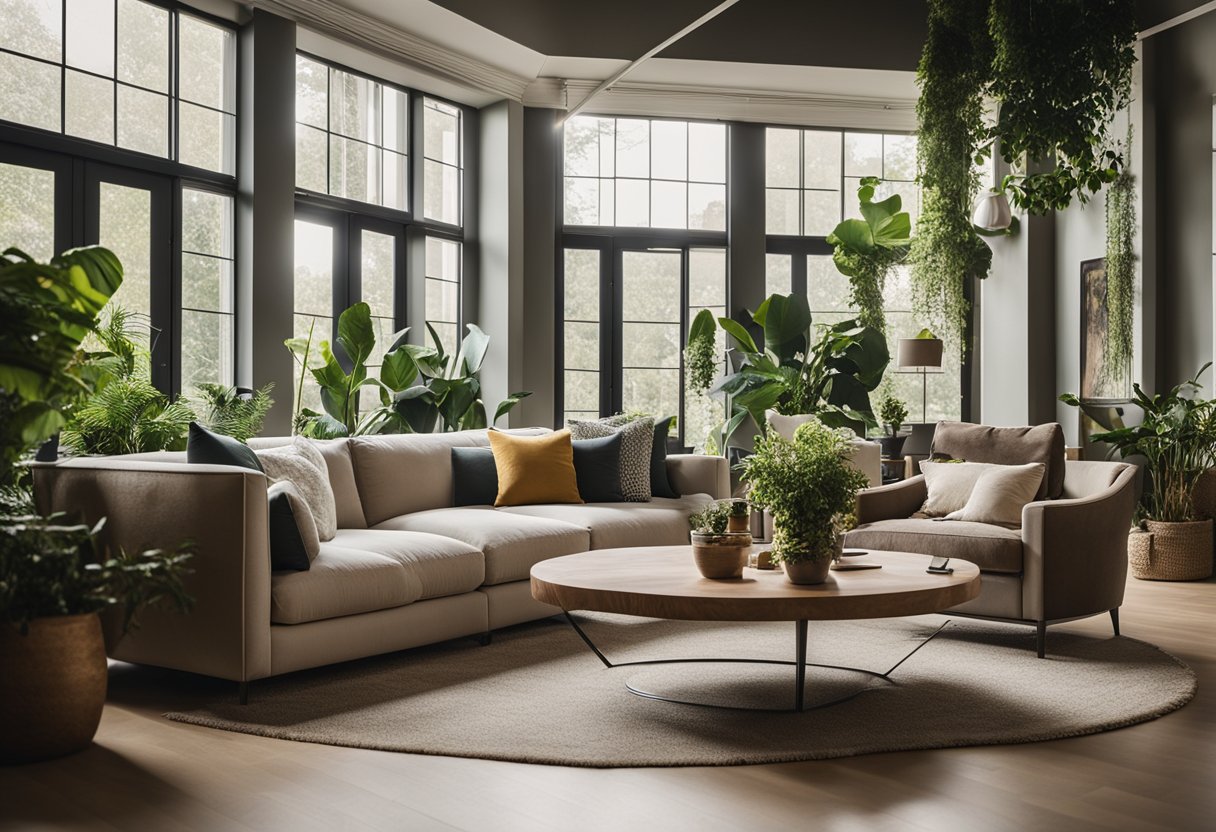 A cozy living room with a large, plush sofa and a coffee table surrounded by comfortable armchairs. The room is filled with natural light from large windows, and there are decorative plants and artwork on the walls