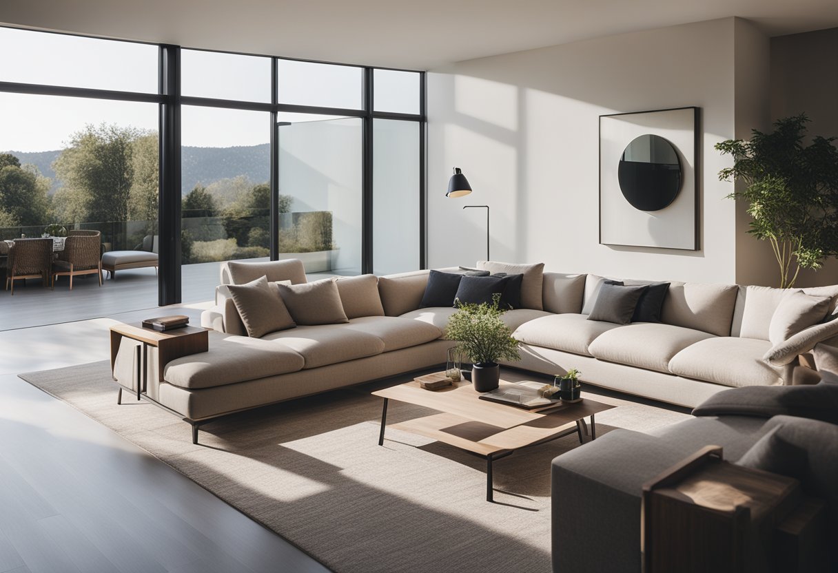 A modern, minimalist living room with clean lines, neutral colors, and sleek furniture. Large windows let in natural light, illuminating the space