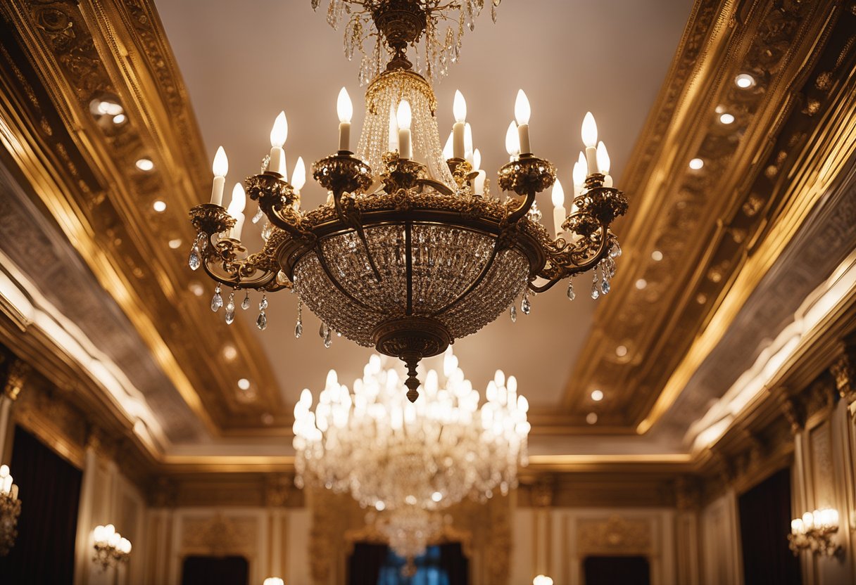 A grand chandelier hangs from a high ceiling, casting a warm glow over ornate furniture and intricate moldings in a classic French interior design