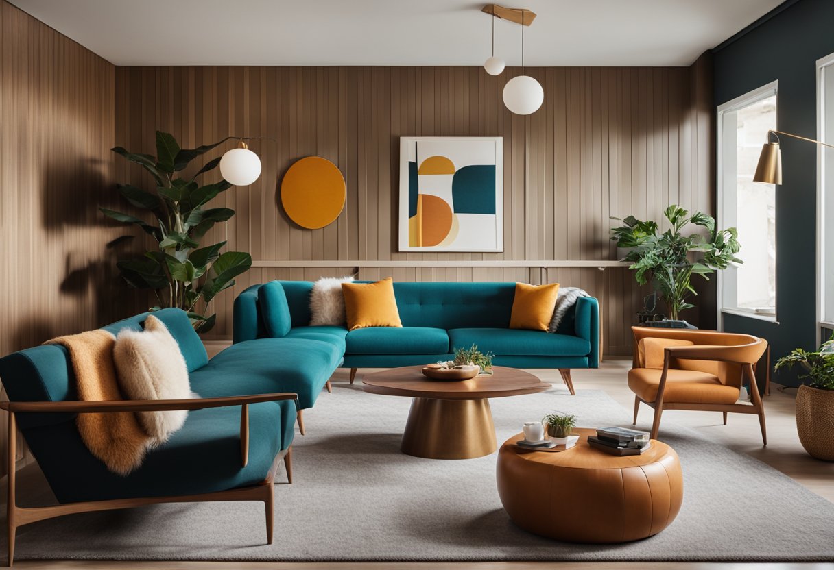 A stylish mid-century modern living room with sleek furniture, clean lines, and a pop of vibrant color. A minimalist yet warm space with iconic lighting and retro accents