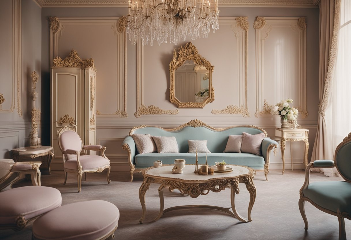 A room with ornate furniture, pastel colors, and intricate moldings exudes the classic French interior design look