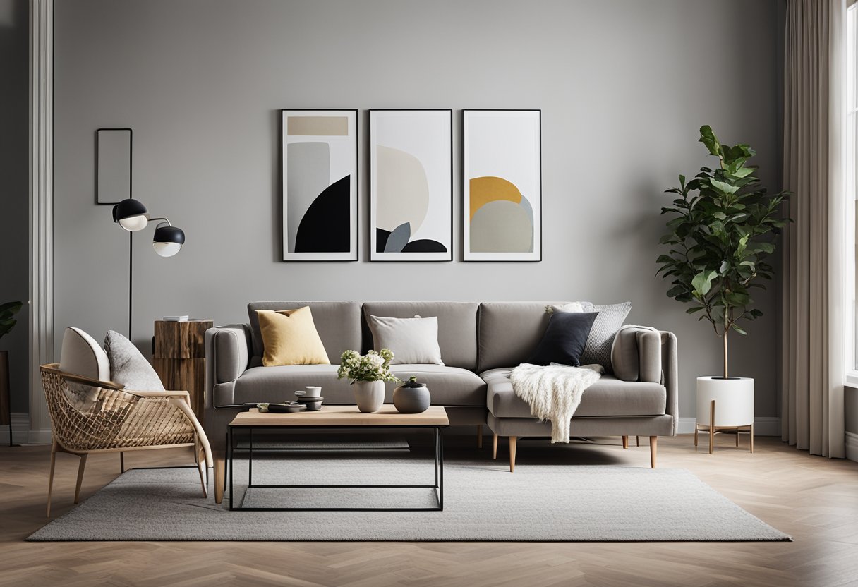 A modern living room with neutral tones, clean lines, and pops of color. A cozy sectional sofa with throw pillows, a sleek coffee table, and minimalist wall art complete the look