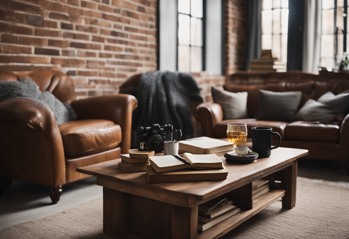 A cozy apartment with wooden beams, exposed brick walls, and vintage furniture. A stack of design books sits on a rustic coffee table, while a soft throw blanket drapes over a worn leather armchair