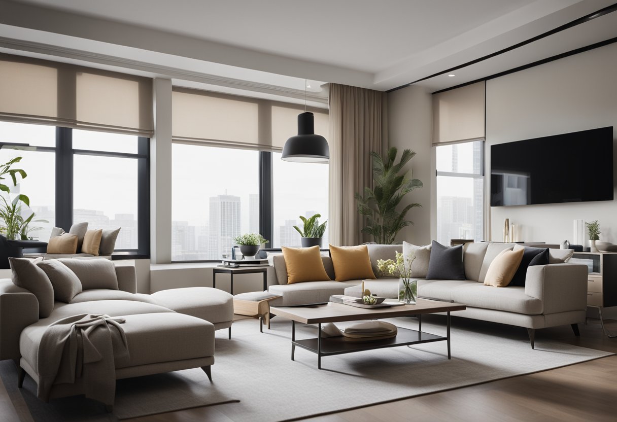 A room with modern furniture, large windows, and a neutral color palette. A sleek app interface on a tablet is being used to design the room's interior