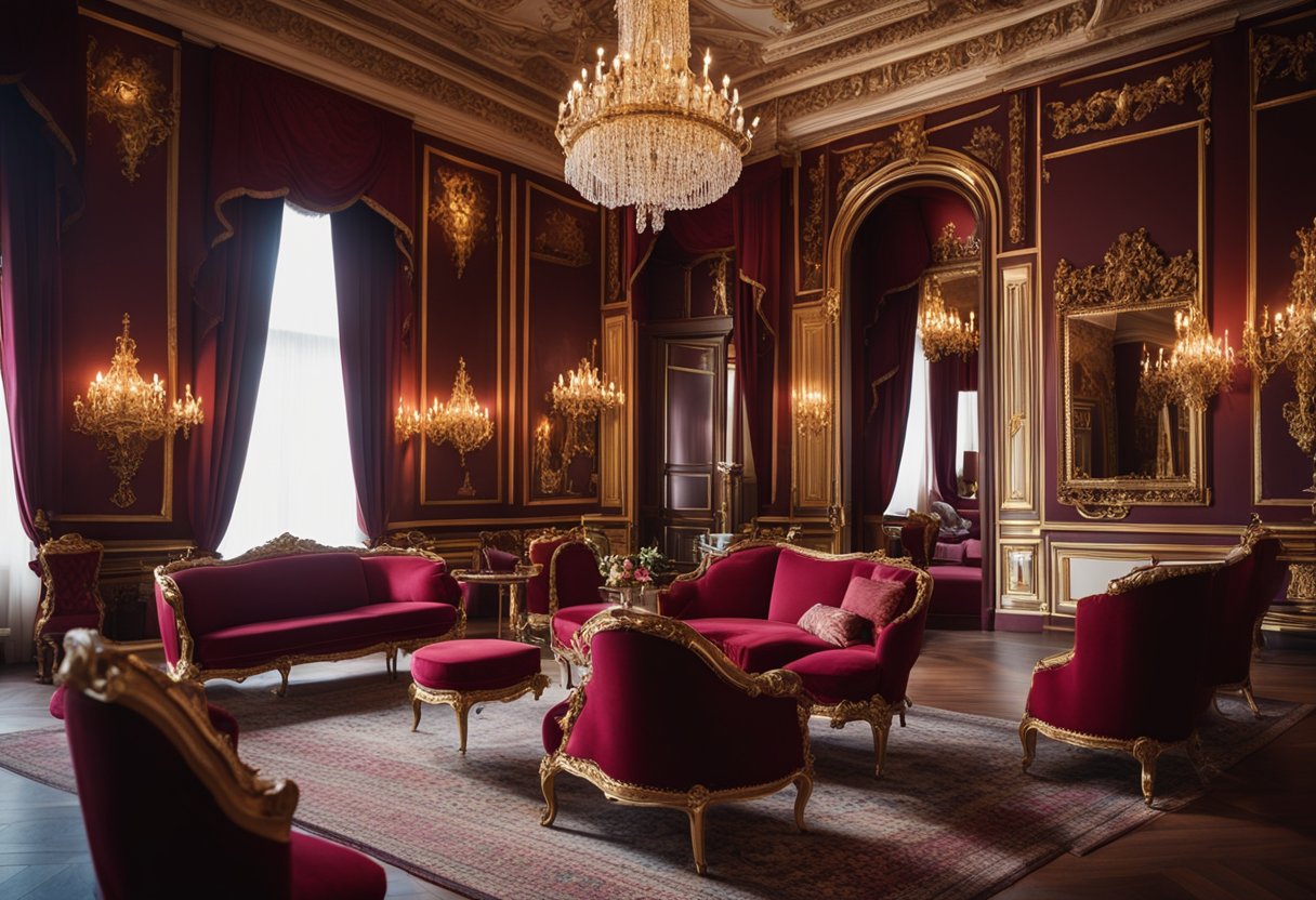 A cozy, elegant French interior with ornate furniture, chandeliers, and intricate moldings. Rich colors like deep reds and golds add warmth to the space