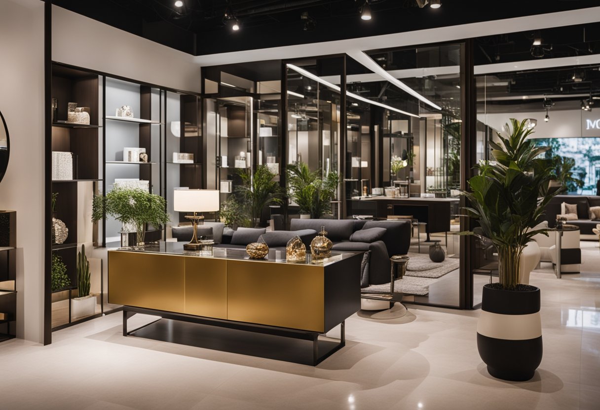 A stylish interior design showroom with modern furniture and decor, featuring a display of frequently asked questions about moda interior design in Singapore