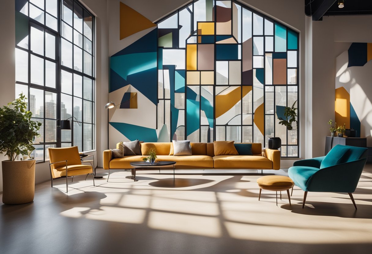 Vibrant colors and geometric shapes fill the open space, with sleek furniture and abstract artwork adorning the walls. Light streams in through large windows, casting dynamic shadows across the room