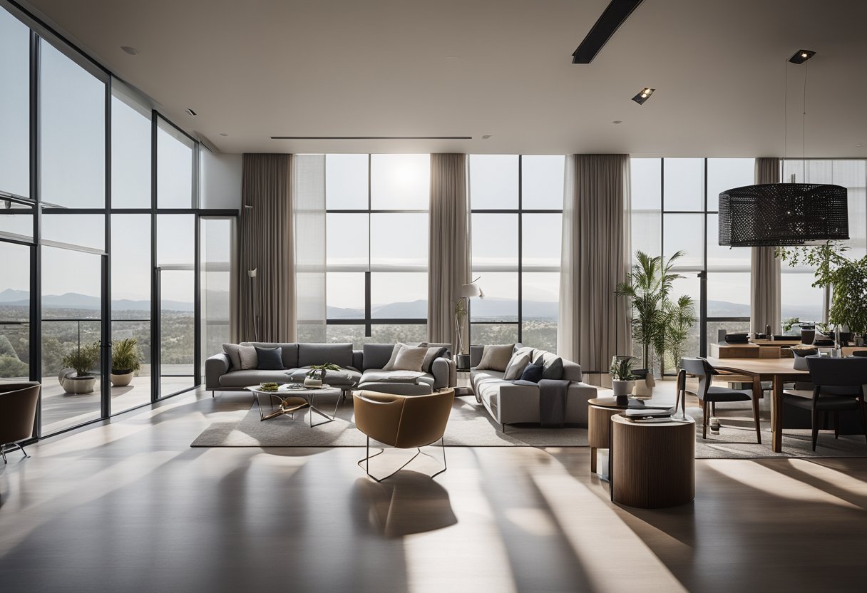 A sleek, open-concept living space with floor-to-ceiling windows, minimalist furniture, and clean lines. The room is bathed in natural light, highlighting the modern architectural elements and sophisticated design