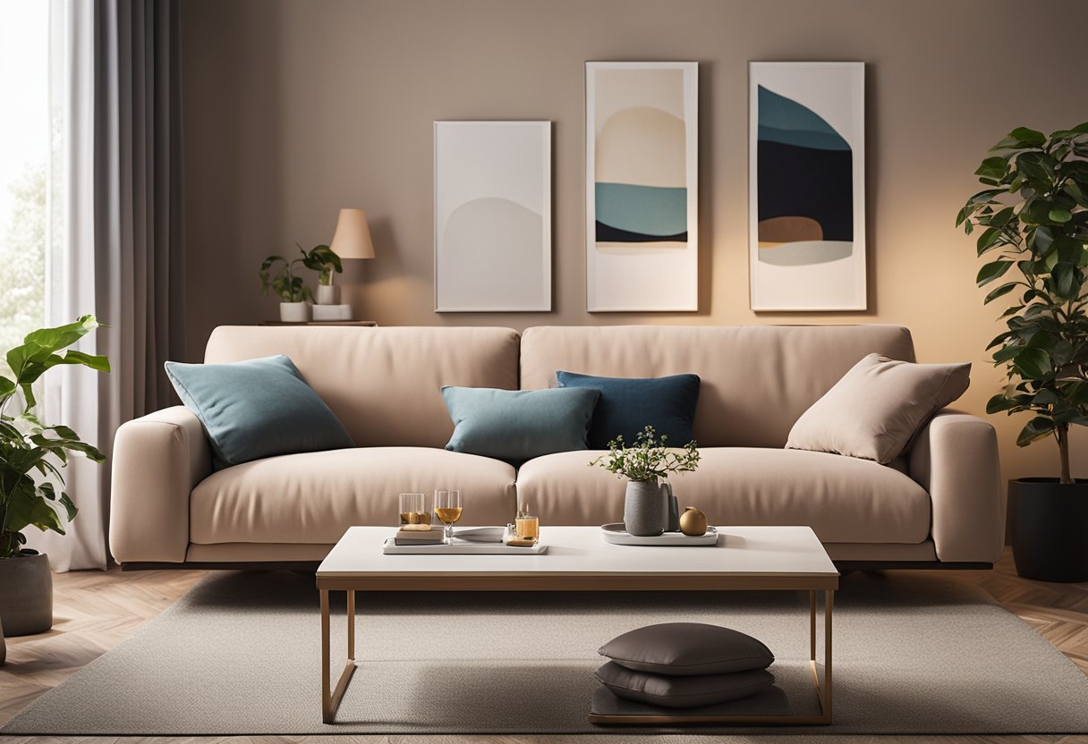 A cozy living room with a large, plush sofa, soft throw pillows, and a warm, inviting color scheme. Functional storage solutions and versatile furniture layout create a comfortable and practical space