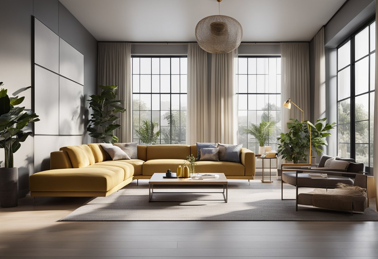 A modern living room with sleek furniture, geometric patterns, and a pop of color. Natural light streams in through large windows, highlighting the minimalist yet functional design
