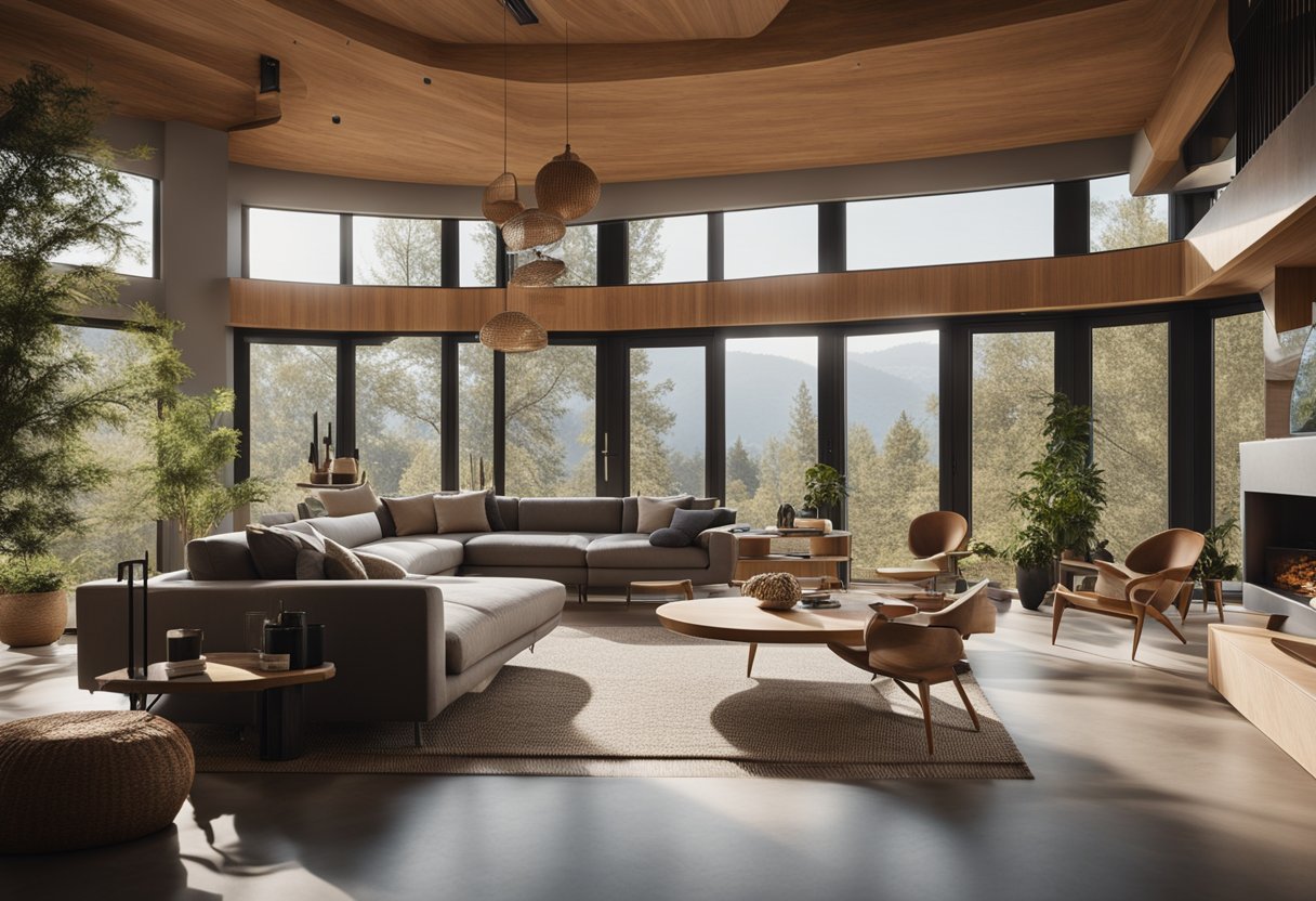 An open floor plan with organic shapes and natural materials, featuring built-in furniture and expansive windows