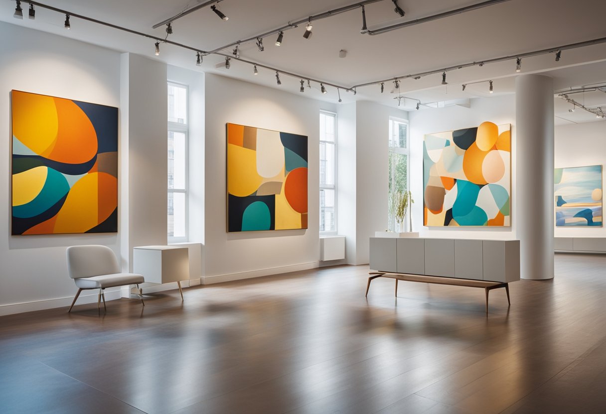 A modern art gallery with colorful abstract paintings on the walls, sleek furniture, and natural light streaming in through large windows