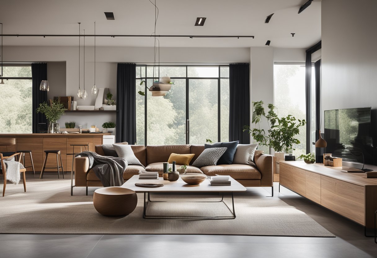 A spacious, open-concept living area with clean lines, natural materials, and abundant natural light. The furniture is low-slung and minimalist, with geometric patterns and organic shapes