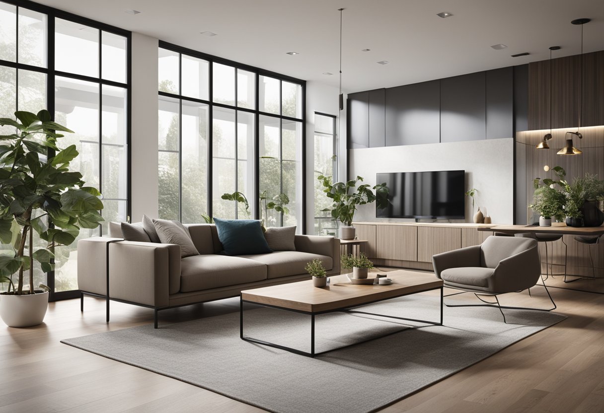 A sleek, open-concept living room with clean lines, minimalist furniture, and large windows allowing natural light to fill the space