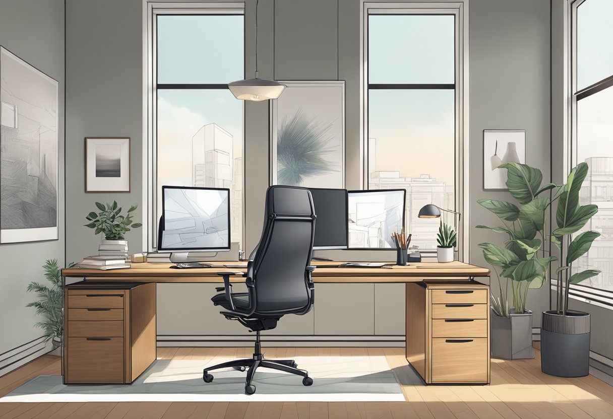 A sleek, modern office space with a large desk, ergonomic chair, and stylish decor. A computer and drafting tools sit on the desk, with a floor-to-ceiling window providing natural light