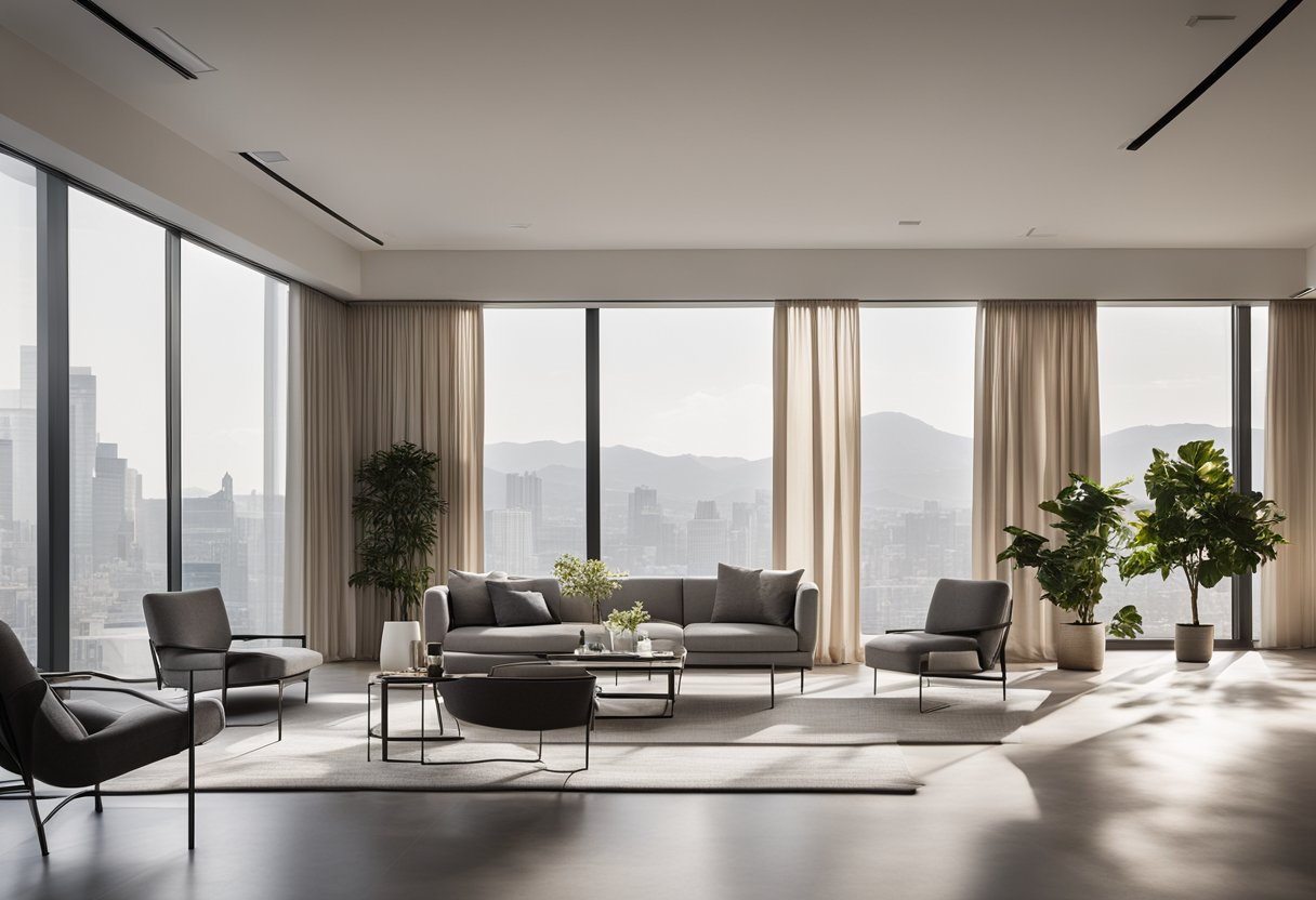 A sleek, minimalist interior with clean lines, open spaces, and modern furniture. Light pours in from large windows, illuminating the contemporary design