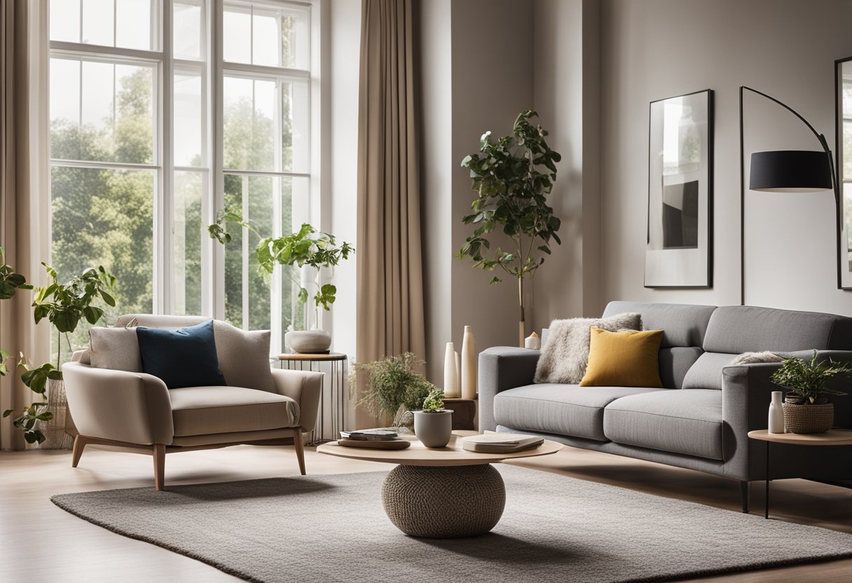A cozy living room with a modern sofa, a coffee table, and a stylish rug. A bookshelf filled with decor and a large window letting in natural light