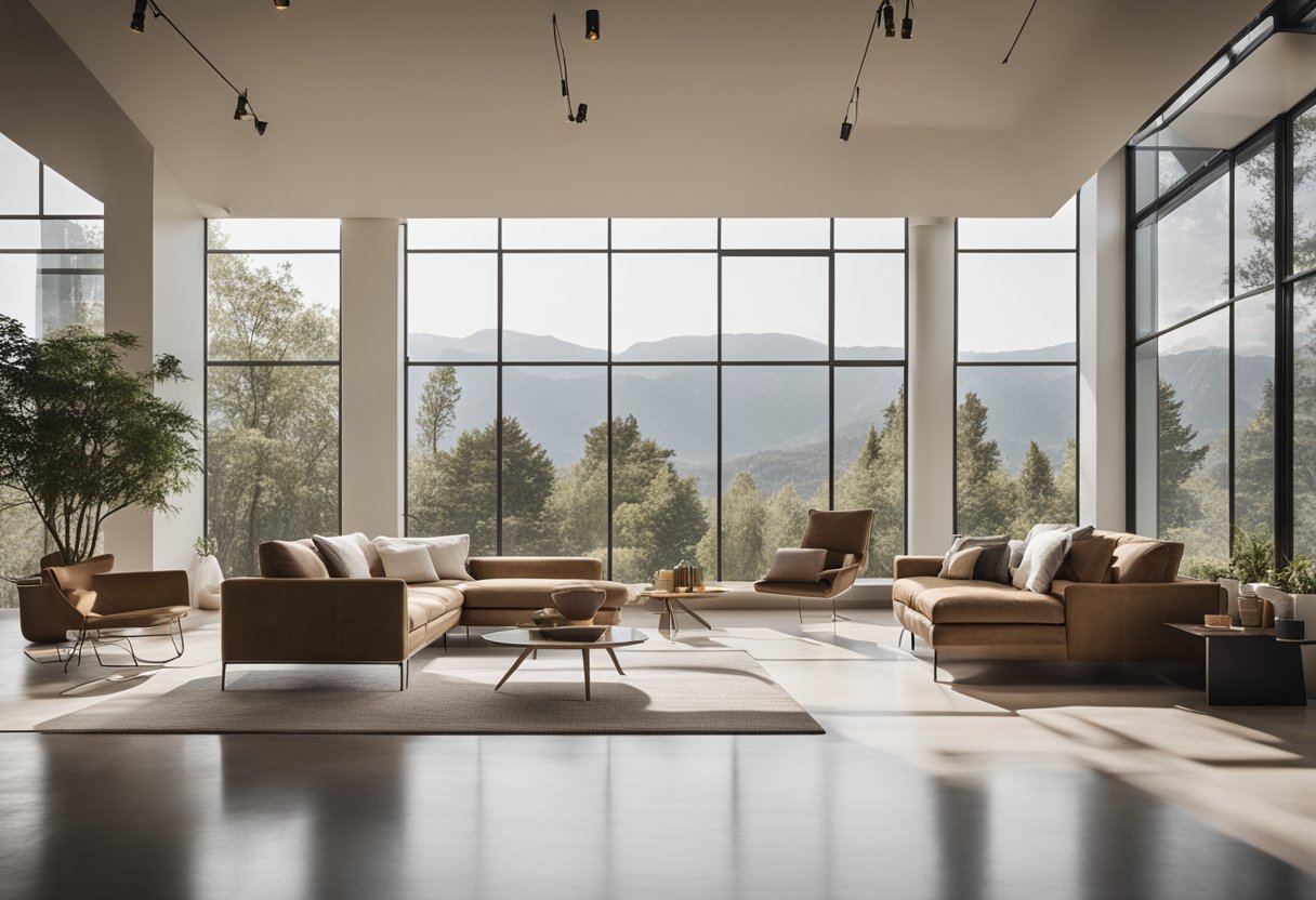 A spacious room with natural lighting, featuring clean lines and geometric patterns. Furniture is minimalistic with earthy tones, and large windows offer views of nature