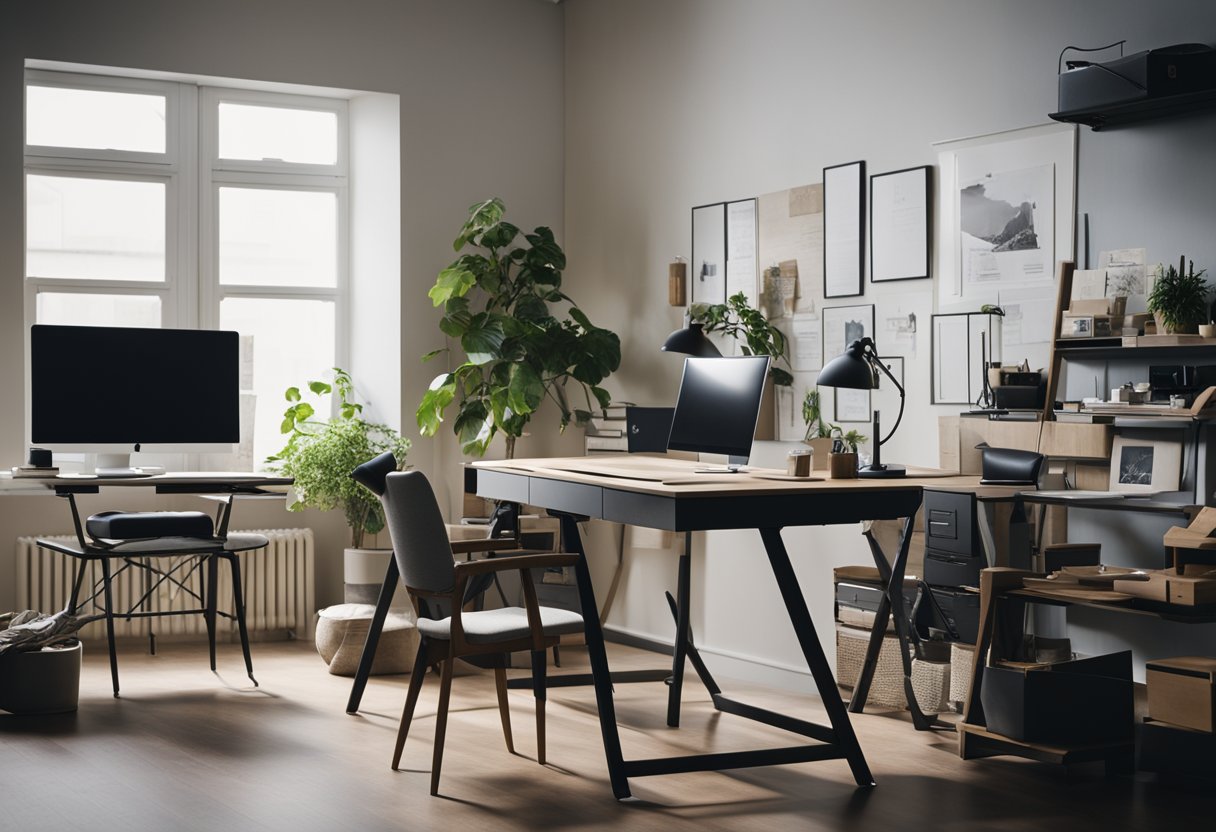A spacious, well-lit studio with modern furniture and a mood board filled with design inspiration. A computer and drafting table sit ready for work