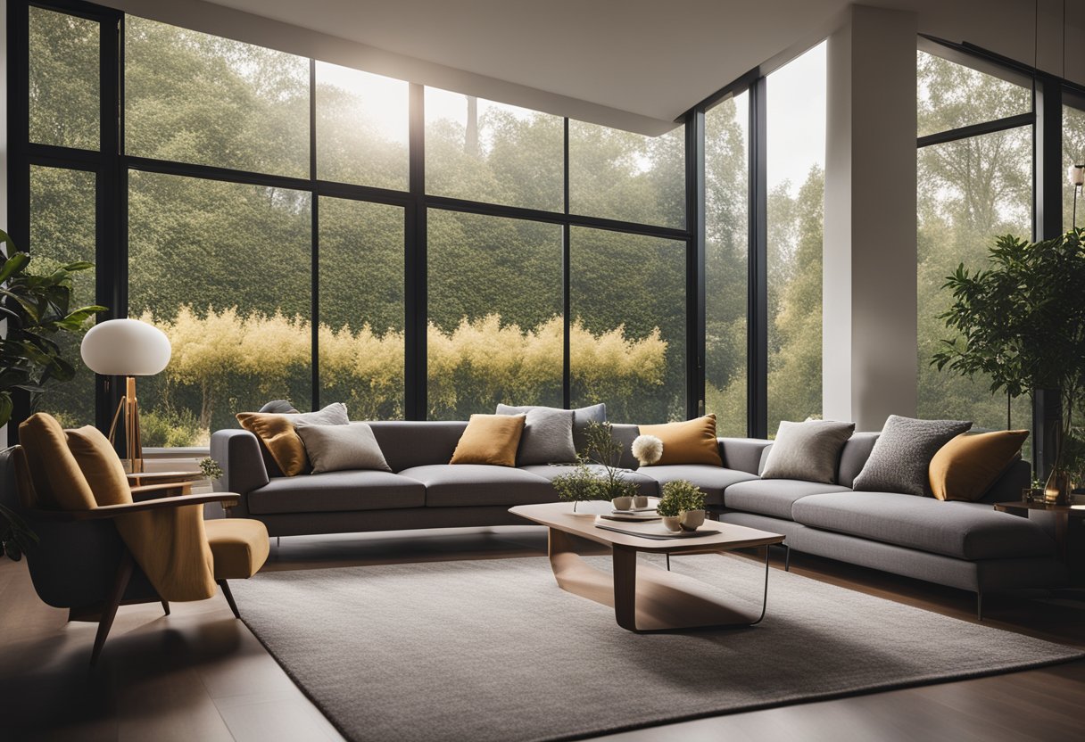 A cozy living room with modern furniture, warm lighting, and a large window overlooking a garden. A sleek, minimalist design with pops of color and decorative accents