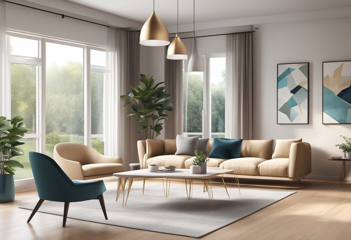 A spacious living room with a modern dining table, surrounded by stylish chairs. The room is well-lit with natural light and features contemporary decor