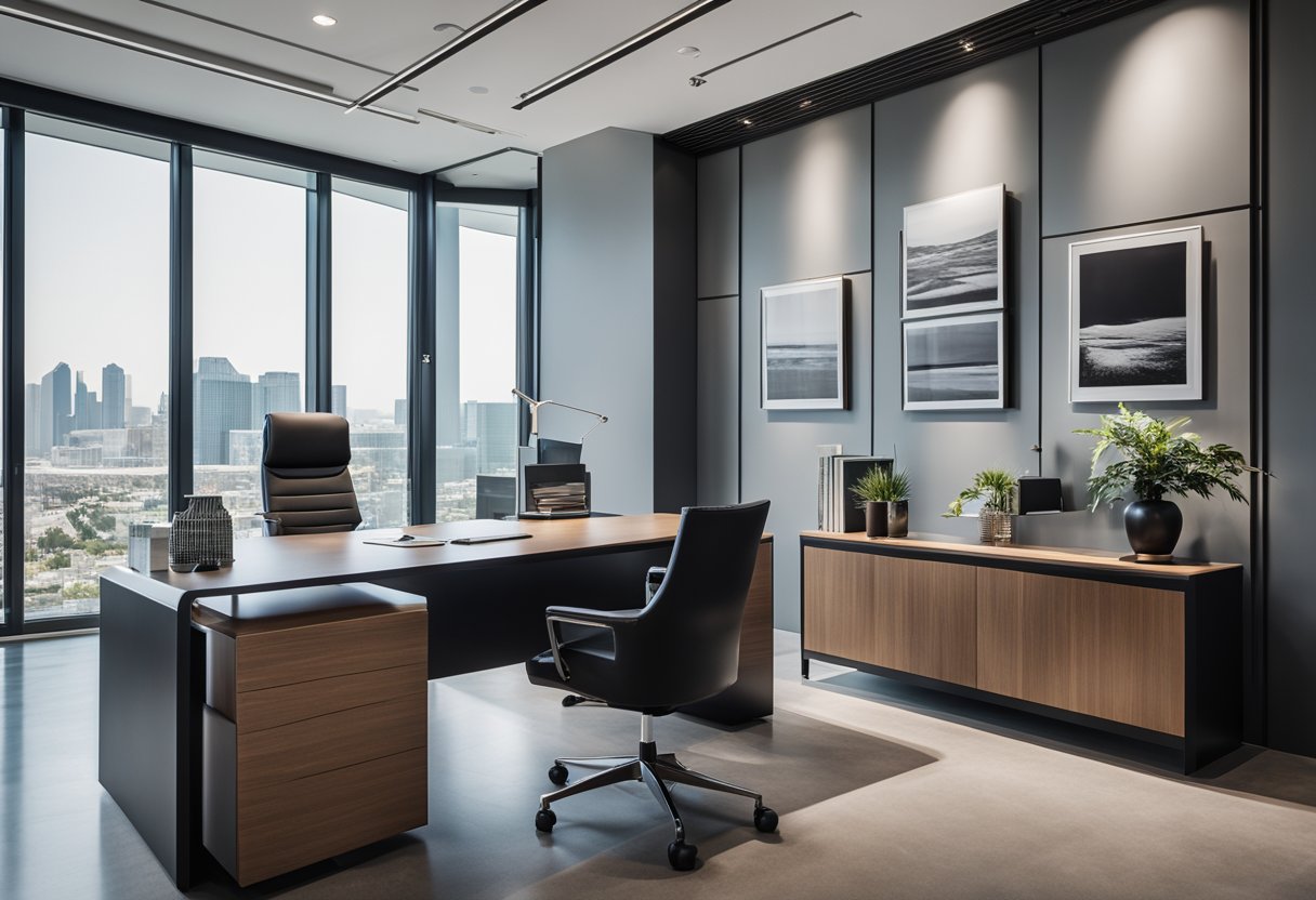 The modern executive office features sleek furniture, clean lines, and neutral tones. A large desk sits in front of a wall of windows, with a minimalist bookshelf and contemporary artwork adorning the walls