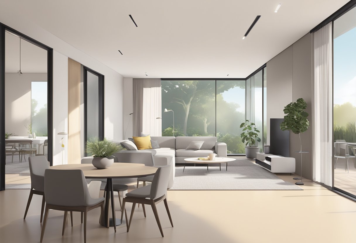 A well-lit room with modern furniture and a sleek, minimalist design. A color palette of neutral tones and pops of vibrant color. Clean lines and open space create a sense of harmony and functionality