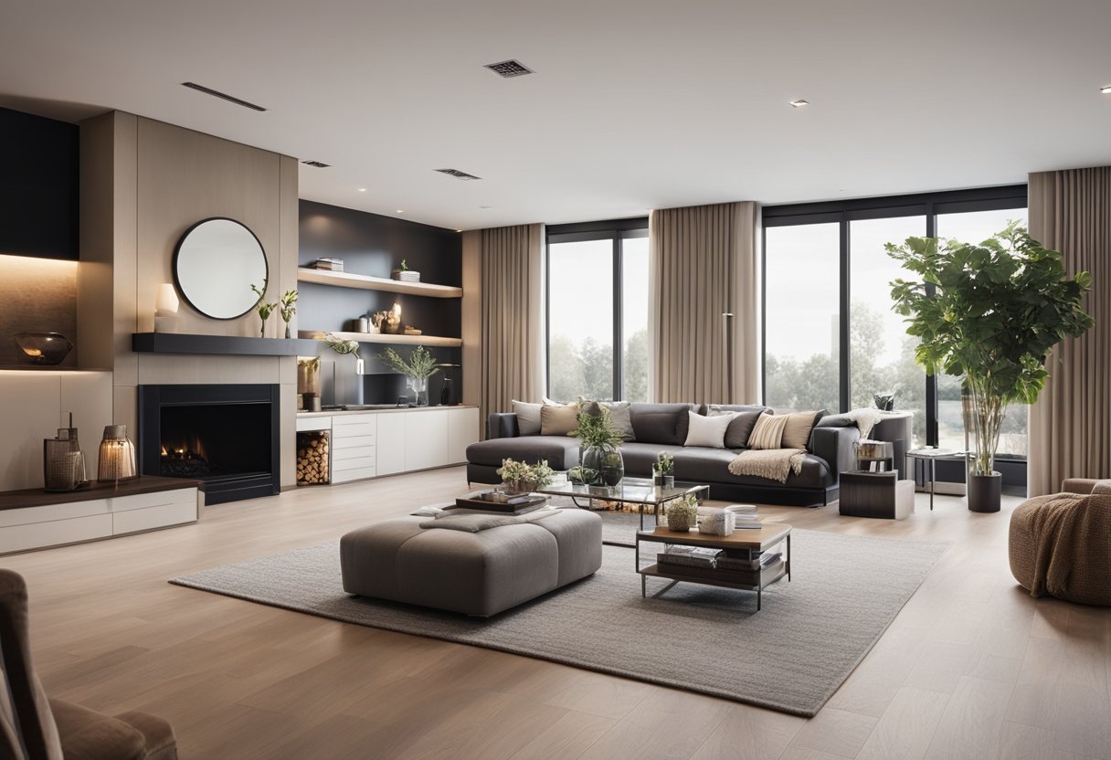 A cozy living room with a fireplace, large windows, and comfortable seating. A modern kitchen with sleek appliances and a spacious island. A luxurious master bedroom with a king-sized bed and a stylish en-suite bathroom