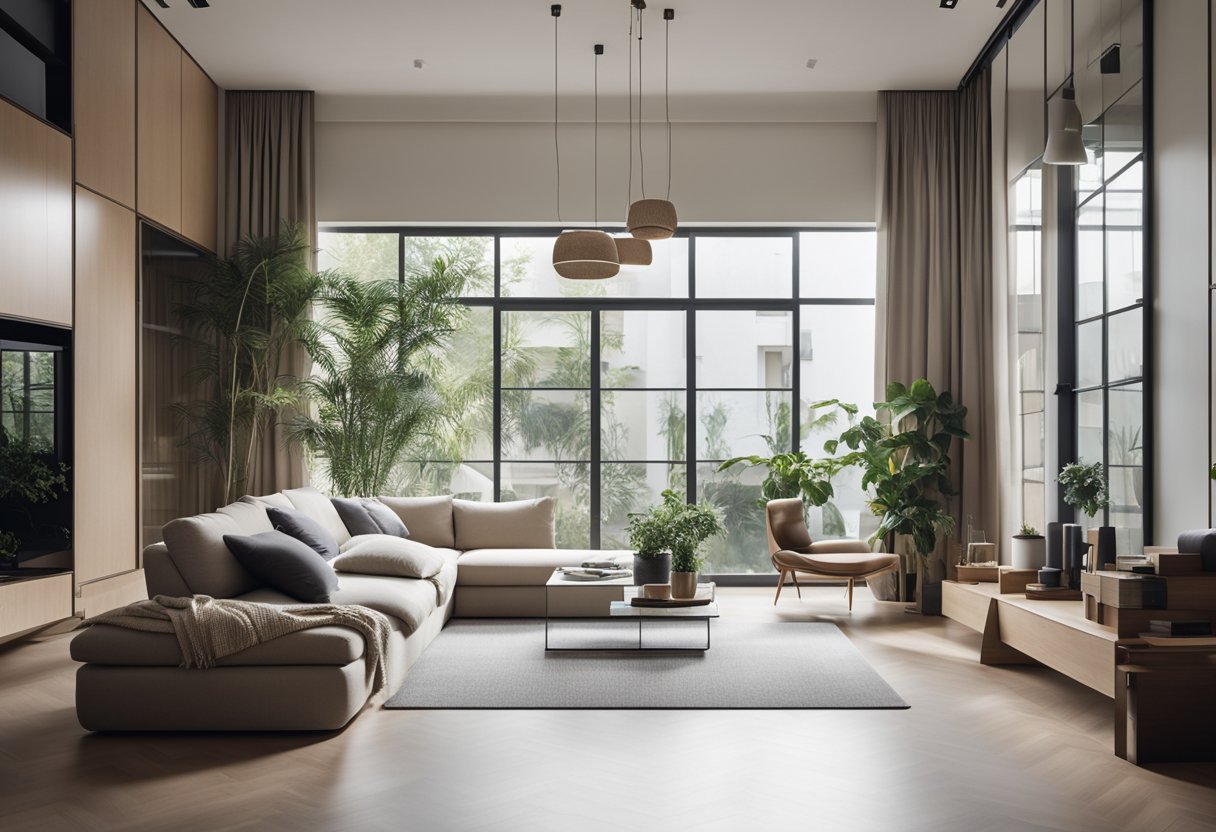 The small terrace house interior is designed to maximize space and light, with minimalistic furniture and large windows. The neutral color palette and strategic placement of mirrors create an illusion of spaciousness