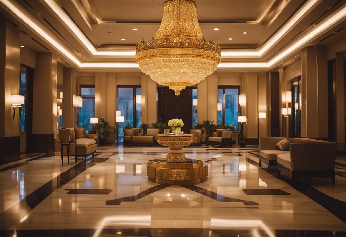 The opulent chandeliers cast a warm glow on the intricate marble floors and ornate furnishings, creating a sense of grandeur in the Oberoi interior design