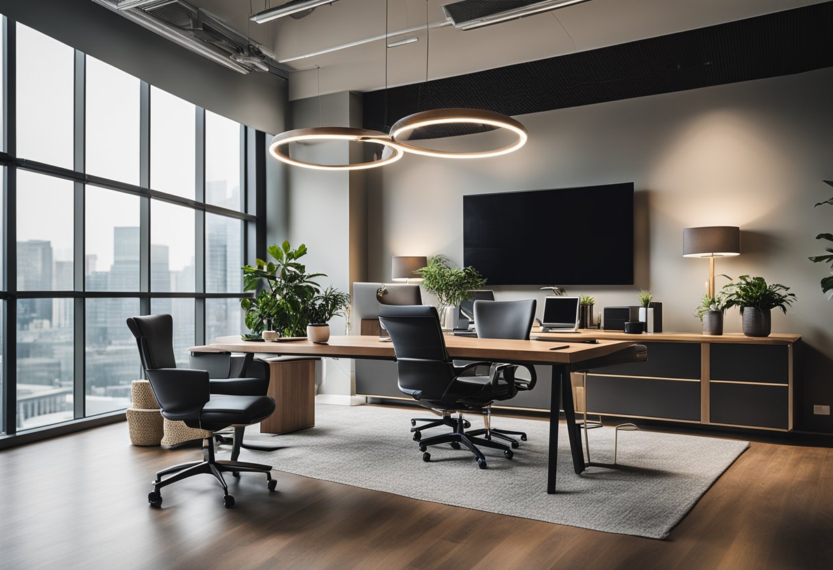 A spacious, well-lit executive office with ergonomic furniture, natural elements, and a minimalist color palette, promoting focus and relaxation