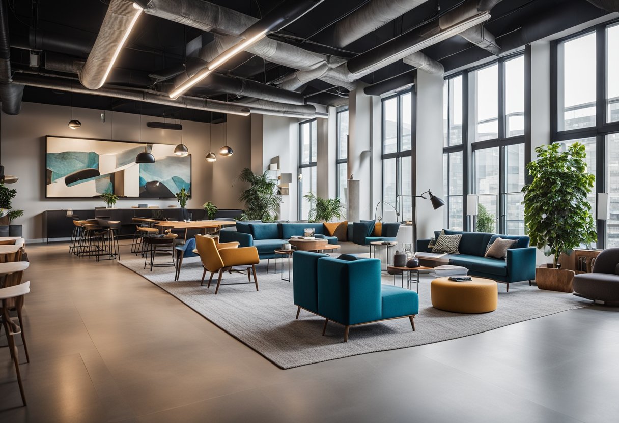 A modern, spacious interior with sleek furniture, vibrant color accents, and large windows. A sense of community and creativity is evident through shared workspaces and cozy lounge areas