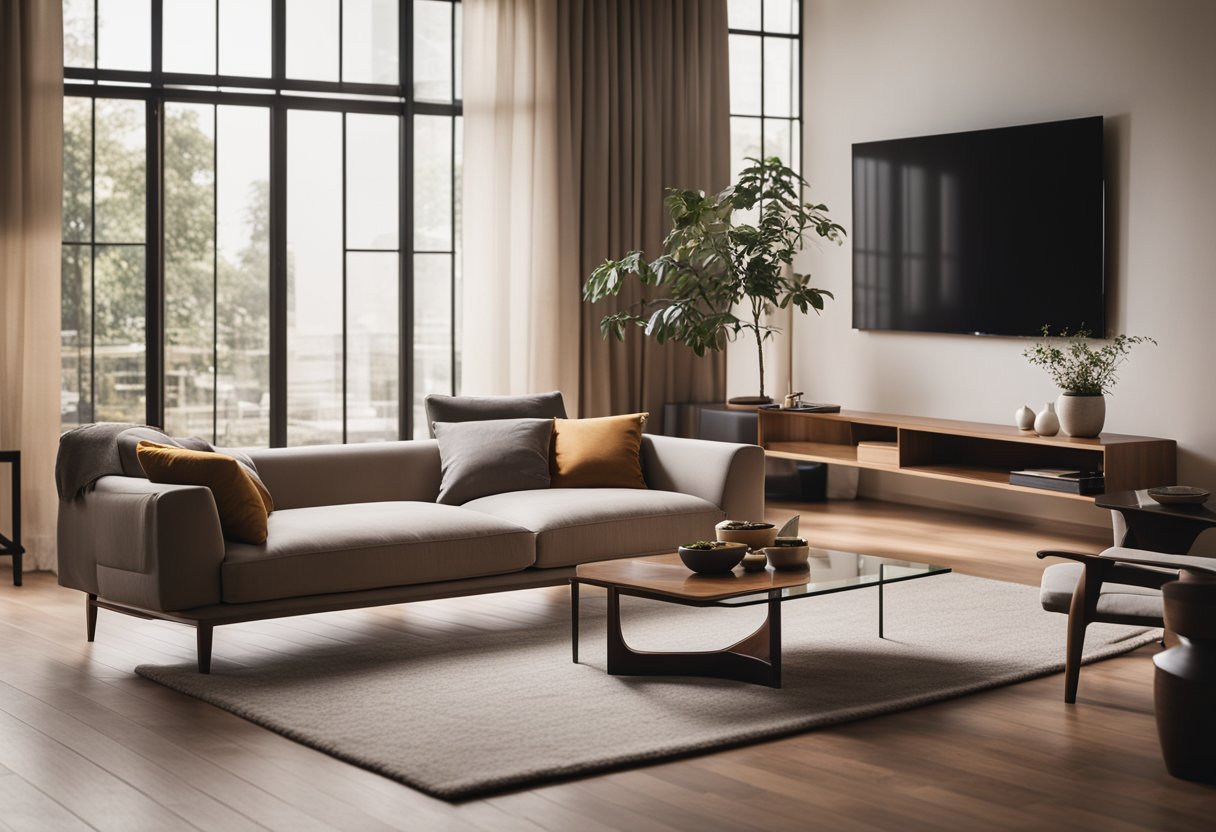 A modern, minimalist living room with sleek furniture, warm earthy tones, and subtle Asian-inspired decor accents