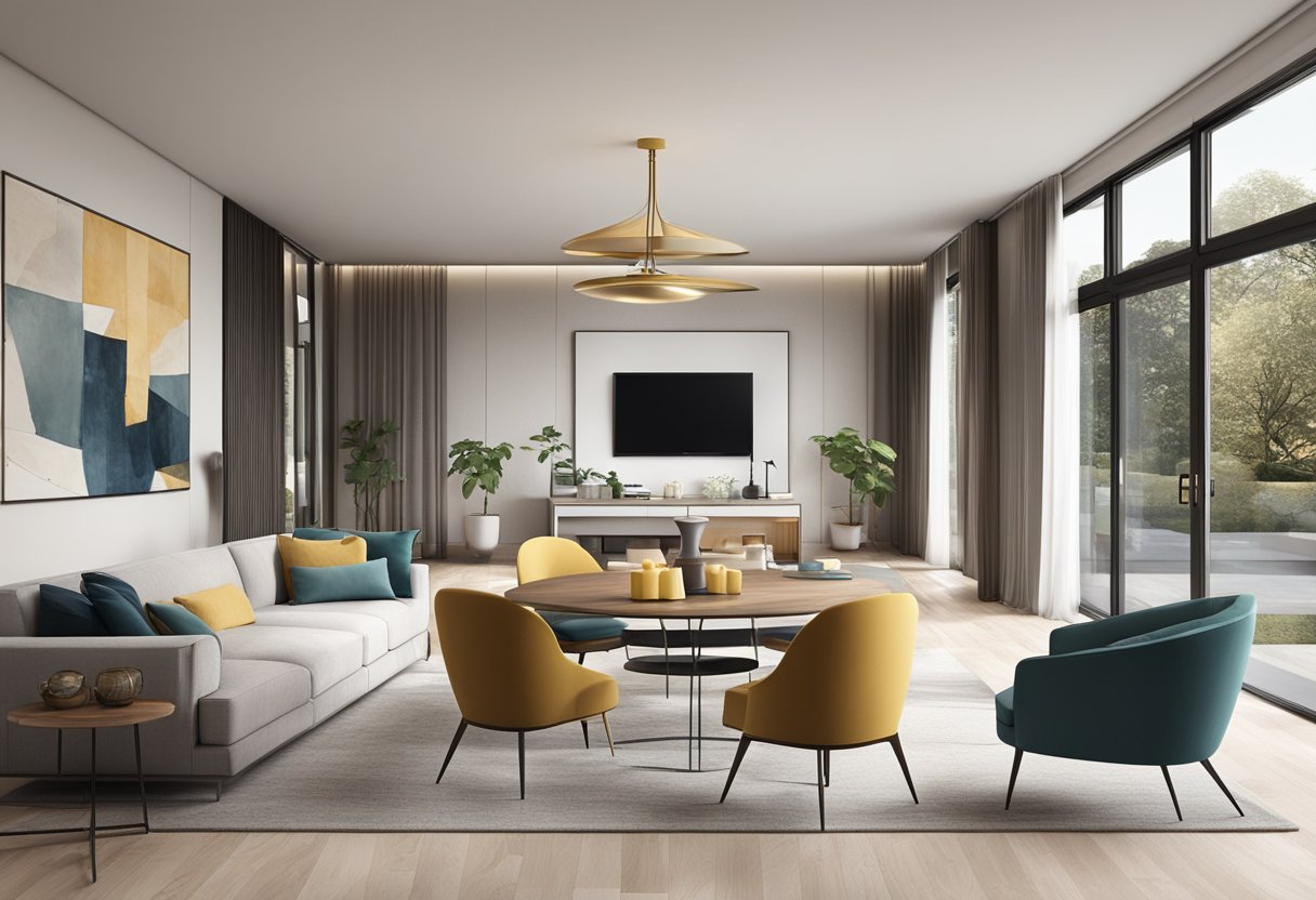 A spacious living room with a modern dining table, sleek design elements, and aesthetically pleasing decor
