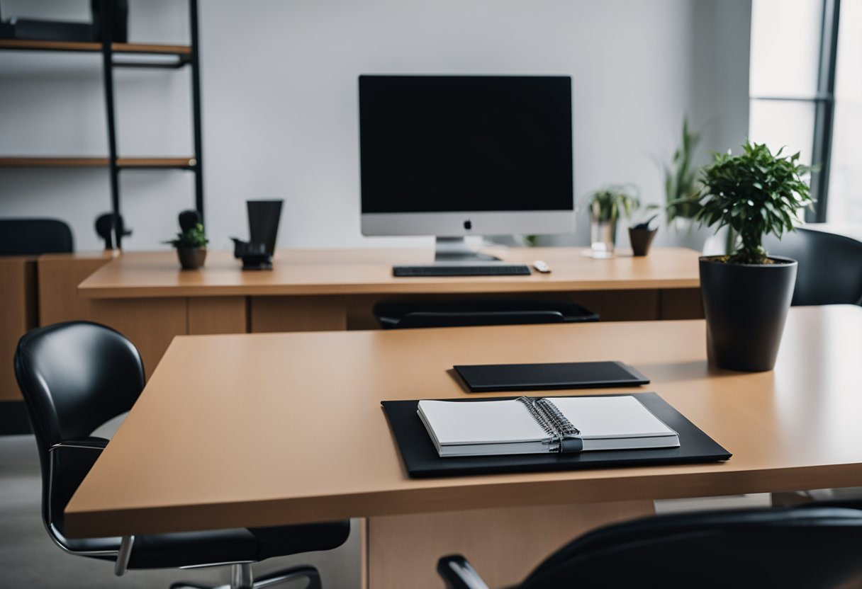 Sleek desk, leather chairs, and minimalist decor create a modern executive ambiance in the office interior design