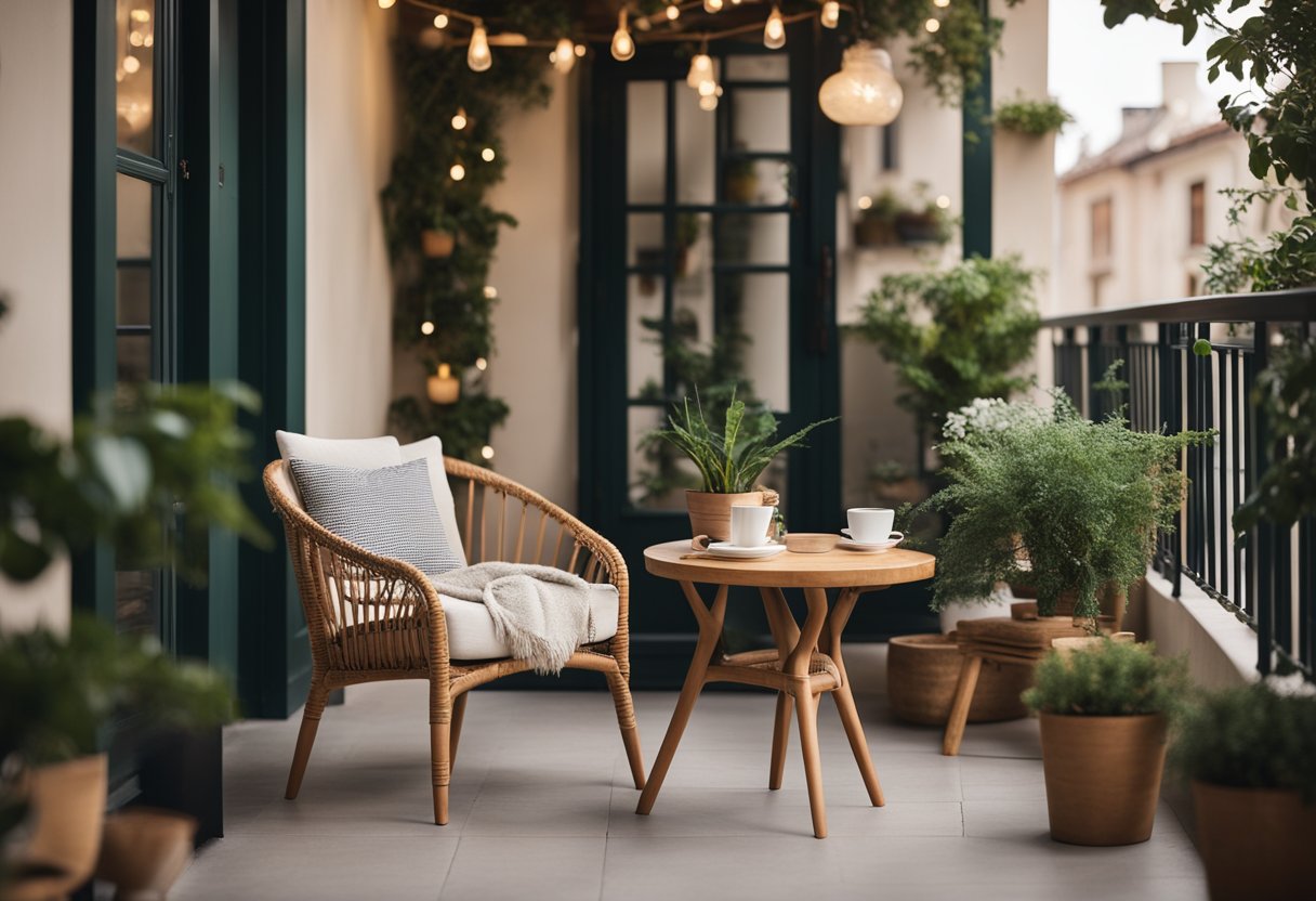 A cozy small terrace with potted plants, string lights, and comfortable seating area. A small table with a cup of coffee and a book completes the inviting scene