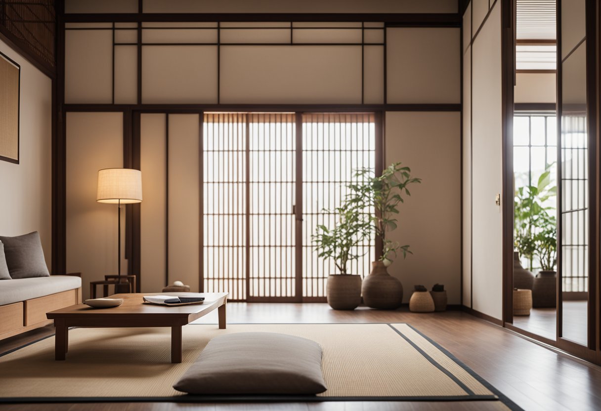 A serene Asian interior with minimalist furniture, paper sliding doors, and a traditional tatami mat floor. Subtle natural lighting and a neutral color palette create a harmonious and peaceful atmosphere