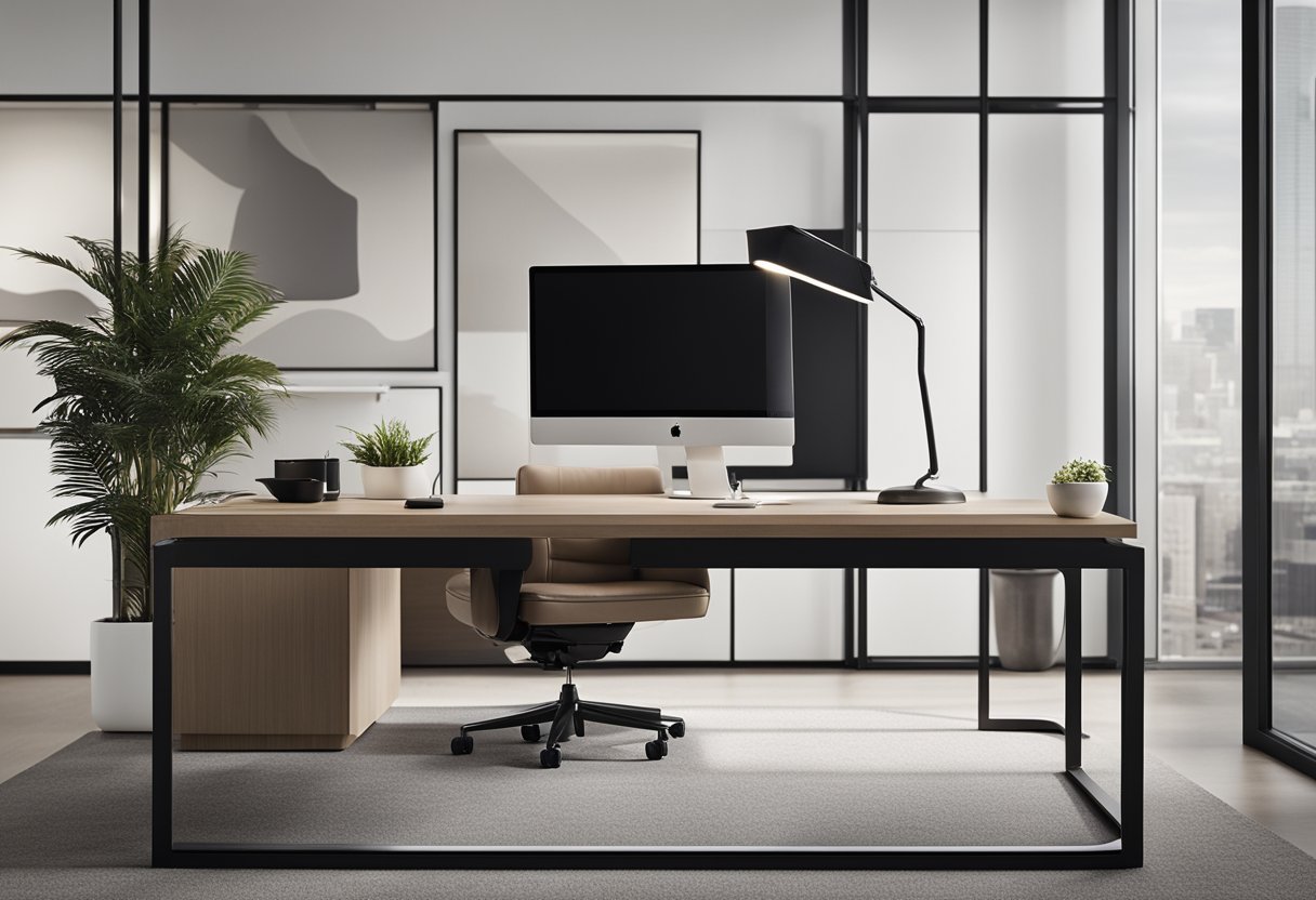 A sleek, minimalist executive office with clean lines, neutral color palette, and modern furnishings. A large desk with a sleek computer, ergonomic chair, and abstract art on the walls