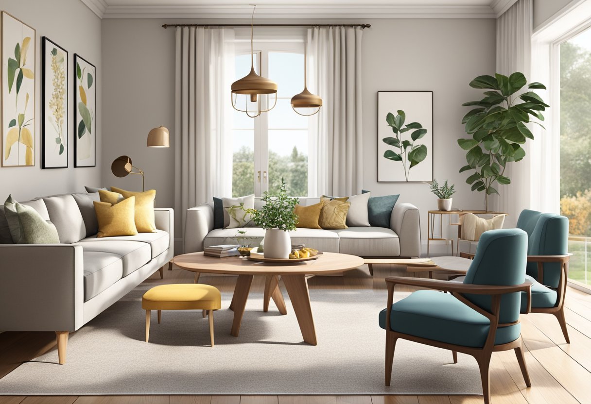 A spacious living room with a modern dining table, cozy seating, and stylish decor. Bright natural light fills the room, creating a warm and inviting atmosphere