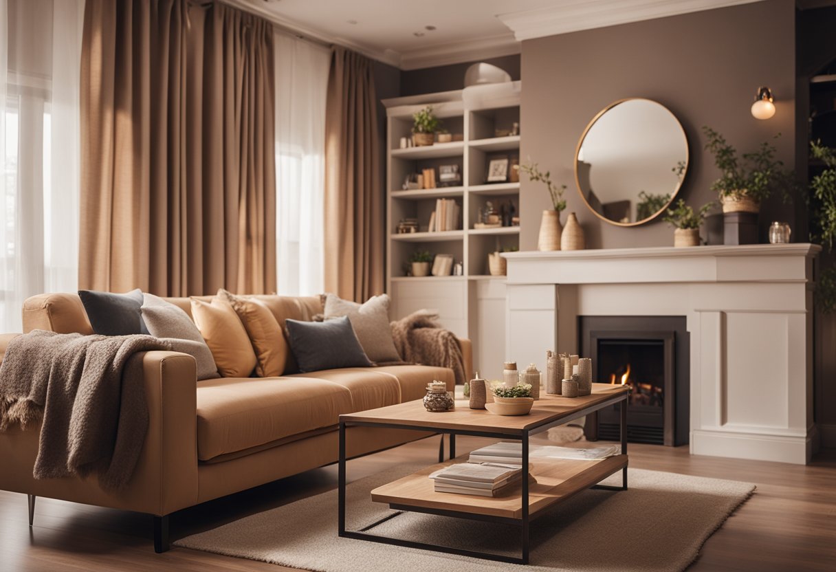 A cozy living room with a small sofa, coffee table, and bookshelf. A warm color scheme with soft lighting and decorative accents