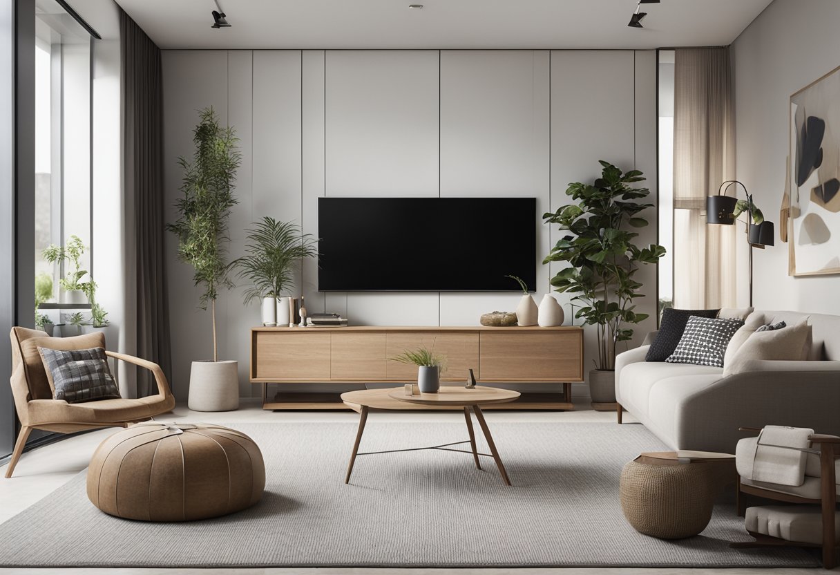 The room is modern with clean lines, neutral colors, and plenty of natural light. The furniture is sleek and minimalistic, with pops of color from decorative accents