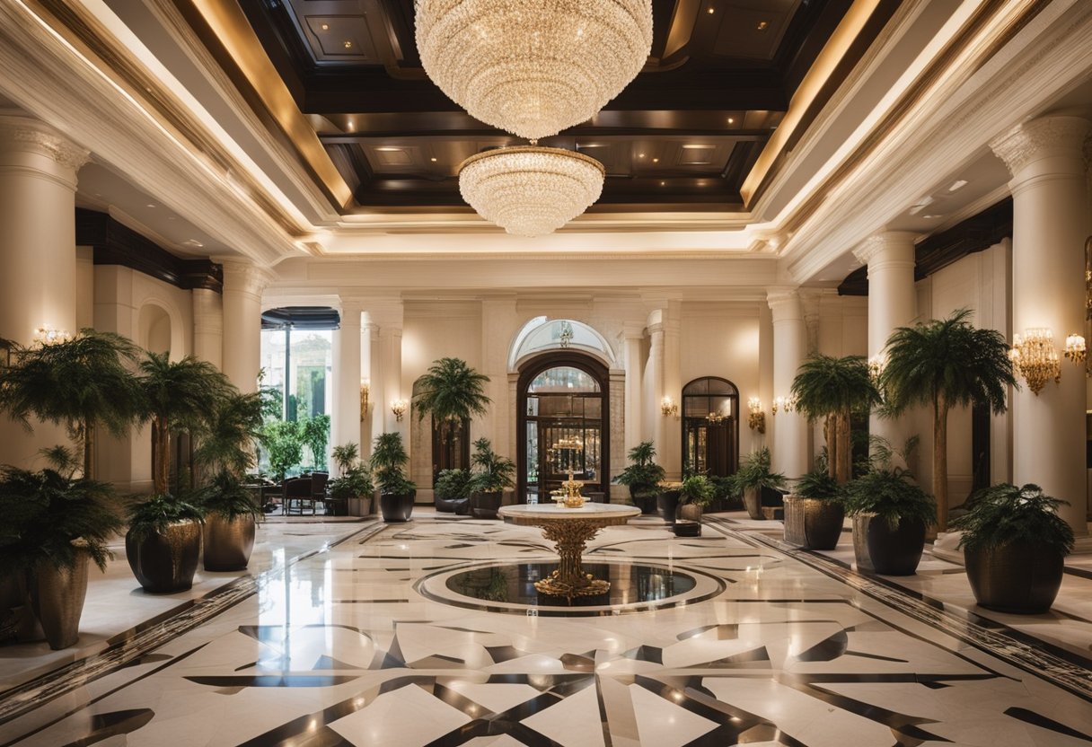 The grand lobby features opulent chandeliers and intricate marble flooring, with plush seating areas and lush greenery creating a sense of luxury and relaxation