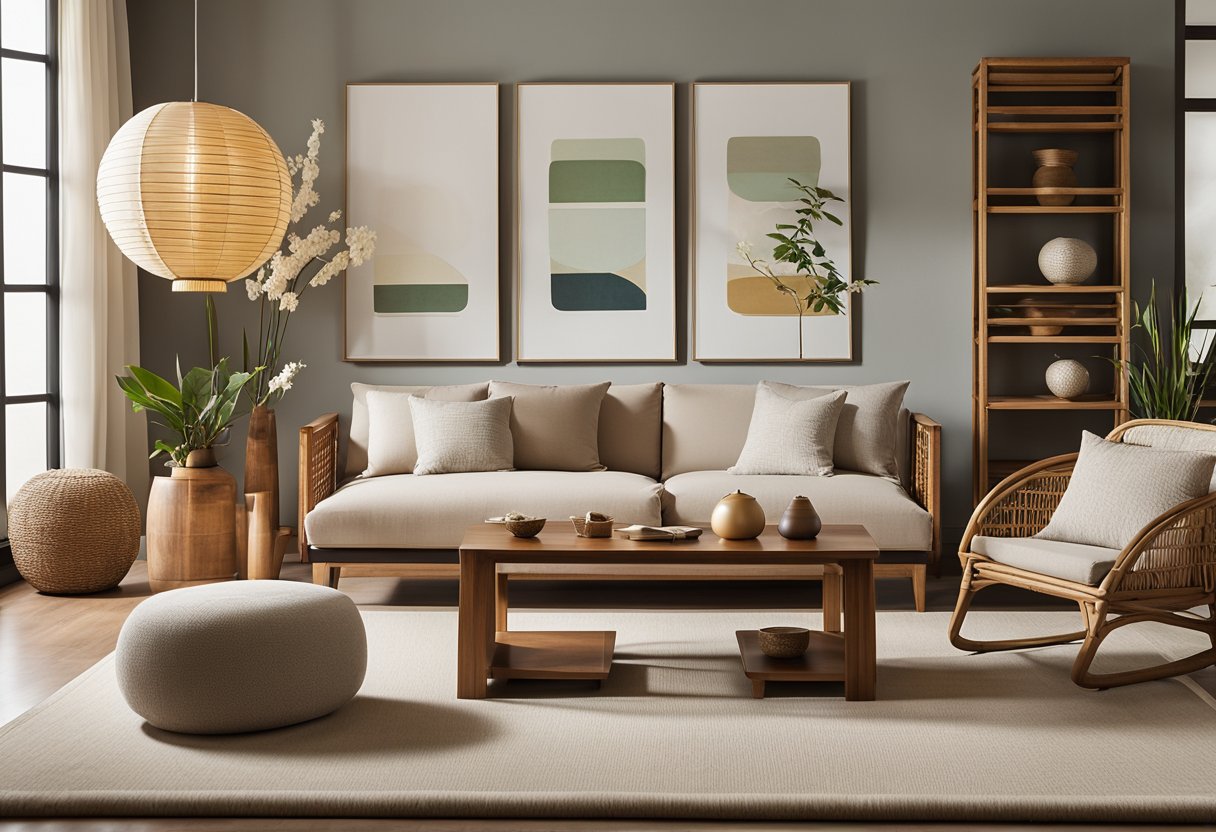 A modern Asian-inspired living room with clean lines, natural materials, and minimalist furniture. Traditional Asian design elements such as paper lanterns, bamboo accents, and a neutral color palette create a serene and harmonious atmosphere