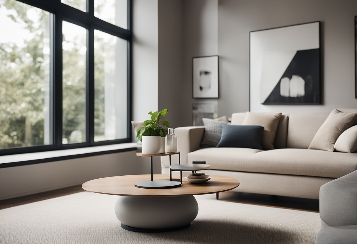 A modern living room with a sleek design, featuring a large window, minimalist furniture, and a neutral color palette. A tablet displaying the app is placed on a coffee table