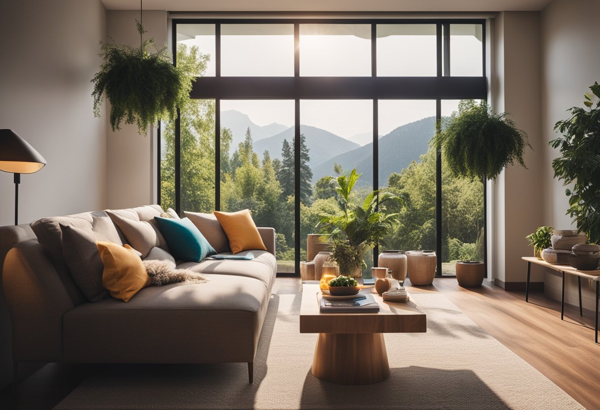 A cozy living room with a large window overlooking a lush garden, a comfortable sofa with colorful throw pillows, a modern coffee table, and soft, warm lighting